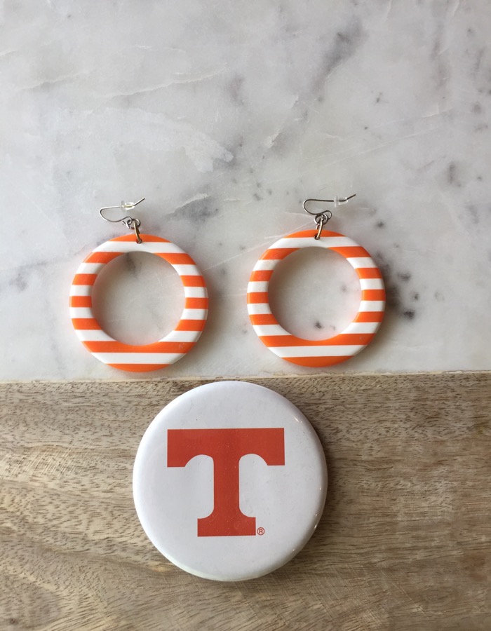 The power T button (plays Rocky Top) and my signature earrings photo by Kathy Miller
