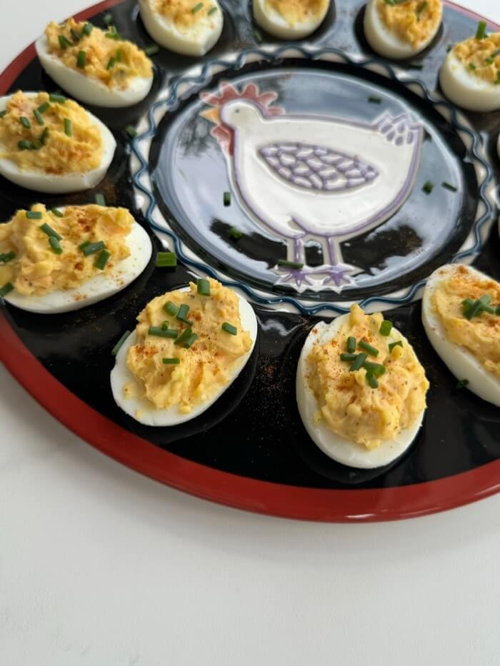 Deviled eggs on hen plate photo by Kathy Miller