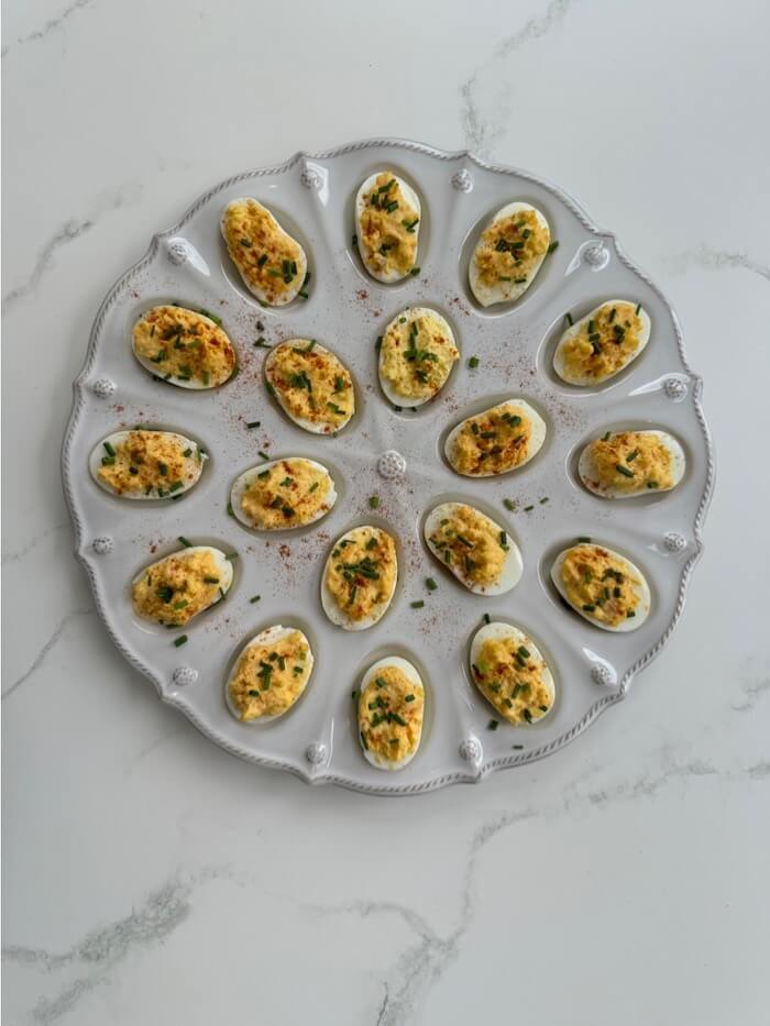 Pimento Deviled Eggs on Juliska platter