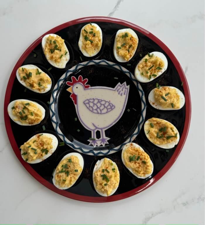 Pimento deviled eggs on hen plate