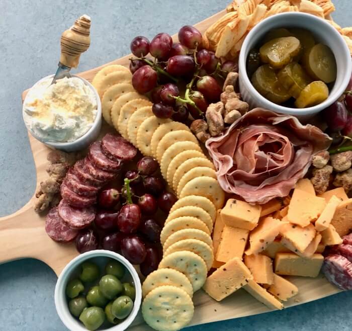 KathyMillerTime charcuterie board with hildene goat cheese with Maple Syrup