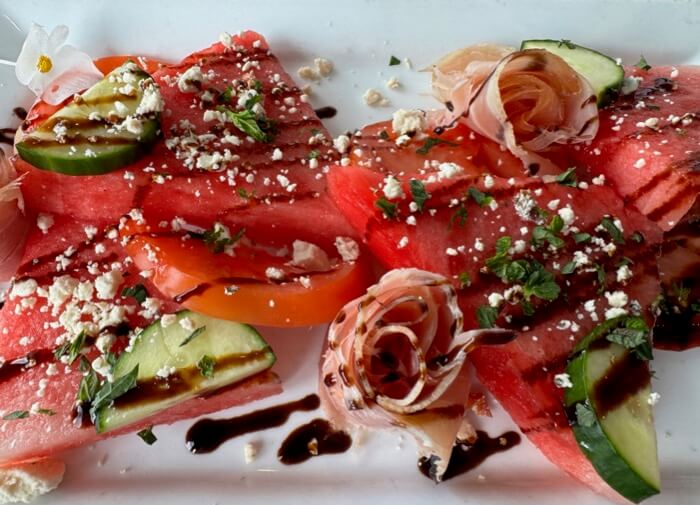 Watermelon and Tomato Salad with Proscuitto and Cucumber Photo by Kathy Miller