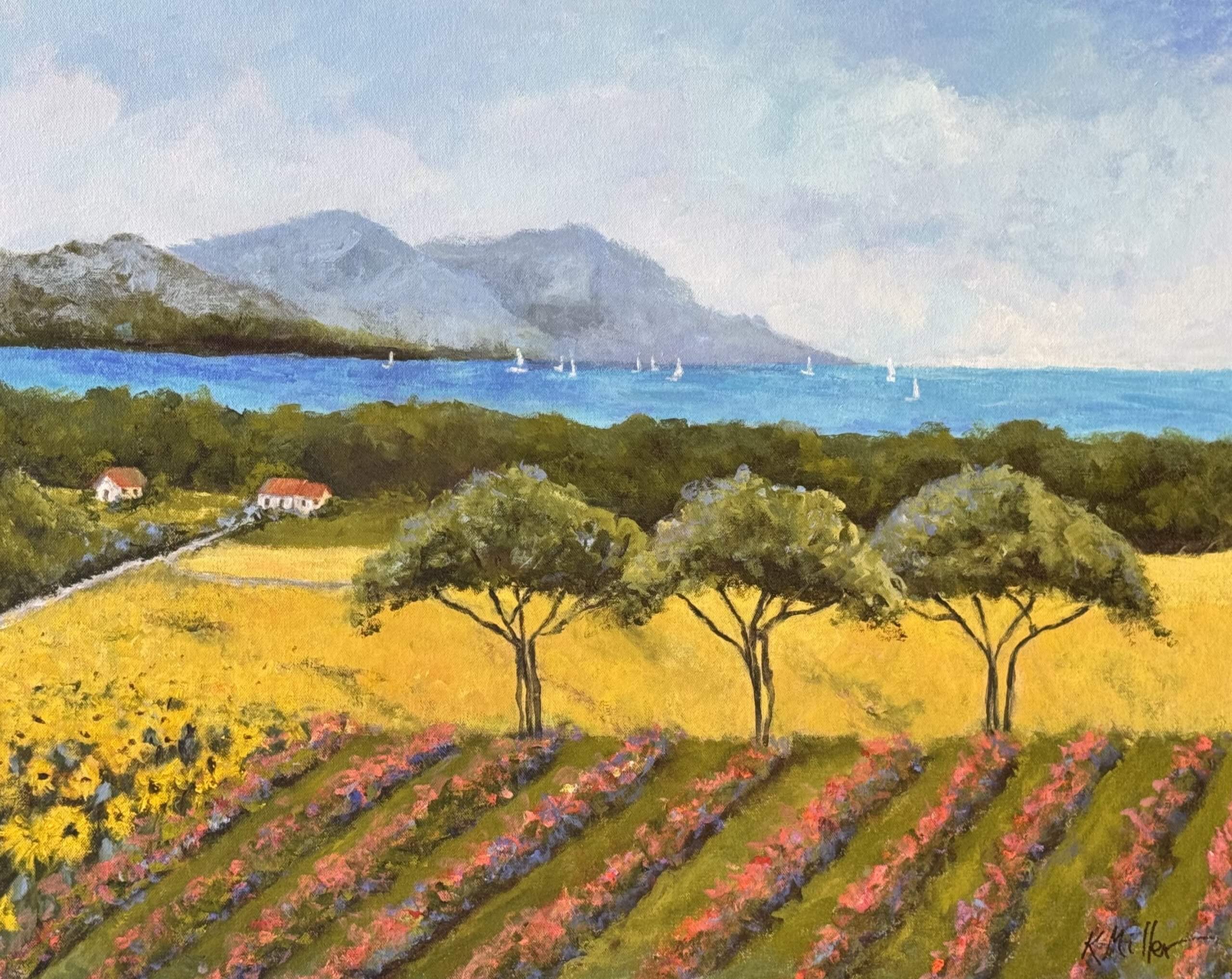 Provence vineyards and the Mediterranean Sea painting by Kathy Miller